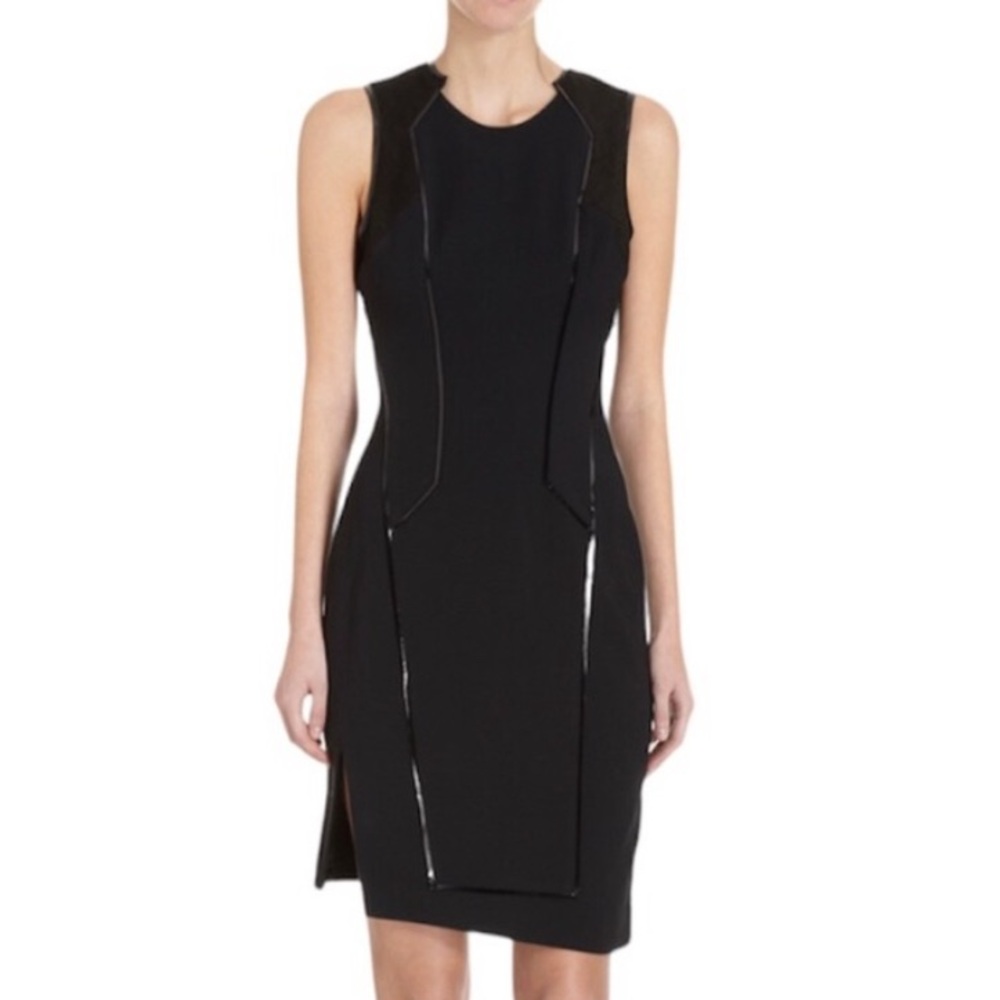 Helmut Lane Angora Black Leather Panel Sleeveless Asymmetric Sheath Dress EUC 8